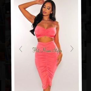 Coral Ruched Spaghetti Straps Skirt Two Piece Set